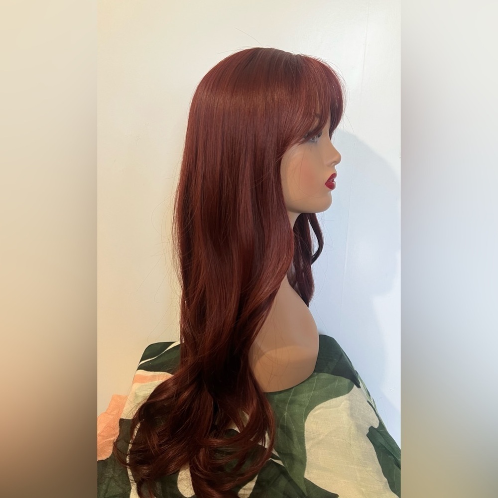 WIG Burgundy Long Wavy  Human hair Blend With Synthetic Fiber - Picture 4 of 8